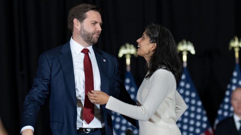 Usha Vance speaks to husband JD Vance onstage