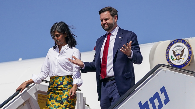 Usha Vance and JD Vance deplaning AIr Force Two