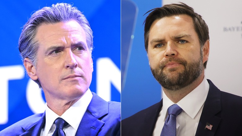 Side-by-side photos of Gavin Newsom and JD Vance frowning