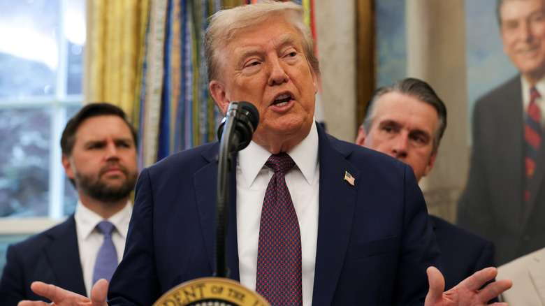 Donald Trump addressing reporters in the Oval Office