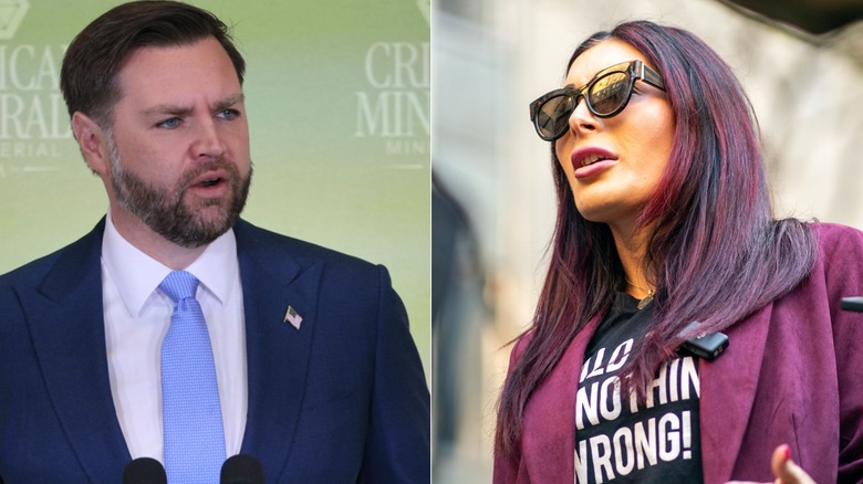 a split image of JD Vance and Laura Loomer