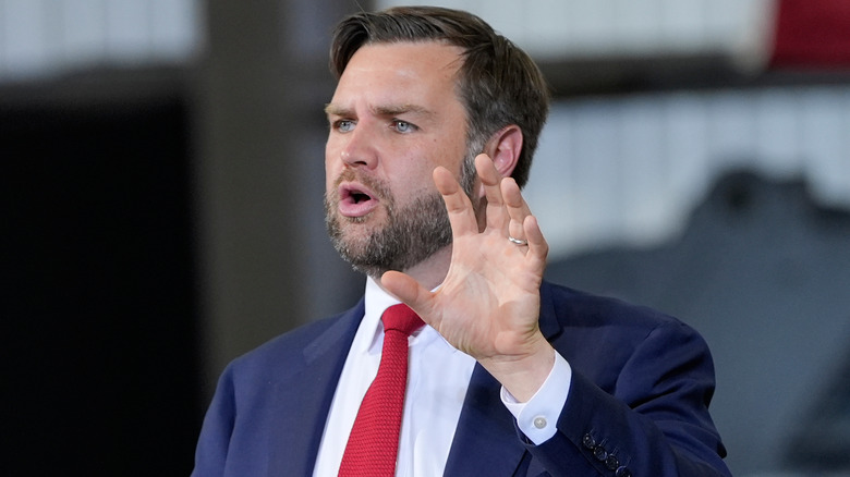 Close up of JD Vance gesturing while talking.