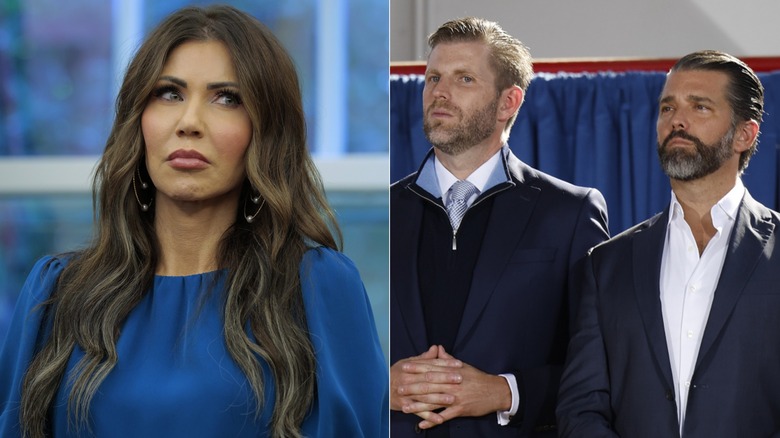 Side-by-side photos of Kristi Noem and Eric Trump & Donald Trump Jr.