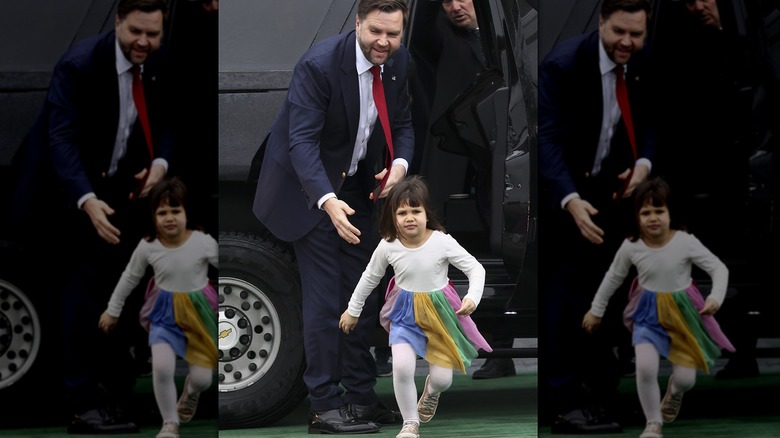 Mirabel Vance rainbow skirt running out of car with JD hand outstretched