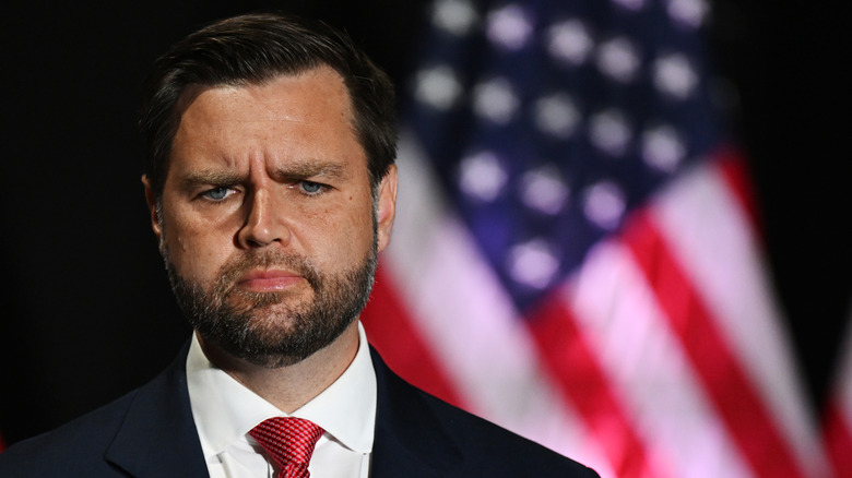 Republican Vice Presidential candidate Sen. JD Vance (R-OH) listens to a speaker during a campaign rally at 2300 Arena on August 6, 2024 in Philadelphia, Pennsylvania.