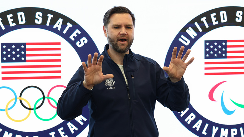 JD Vance speaking at an event at the Milan Cortina Winter Games