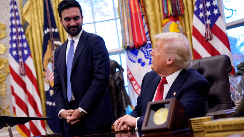 Donald Trump looking at Zohran Mamdani at an Oval Office meeting