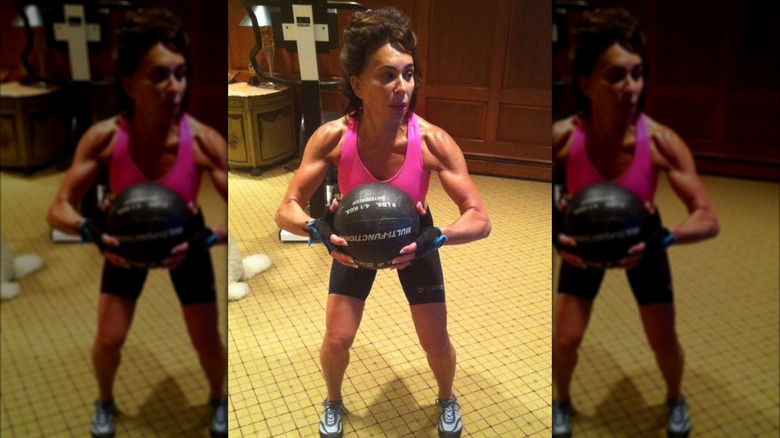 Jeanine Pirro using a workout ball