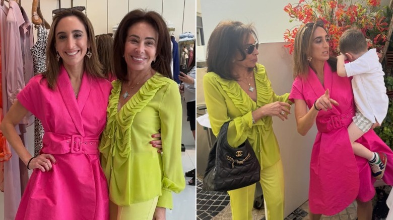 Split image of Jeanine Pirro and Cristi Pirro Schwarzman posing together in highlighter colored outfits