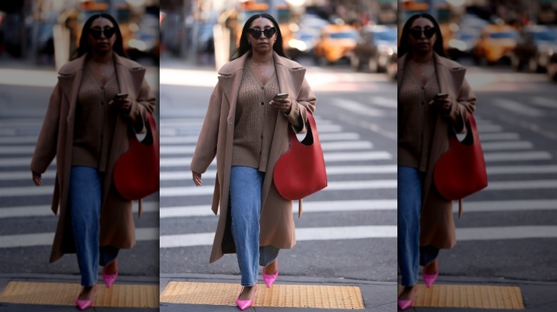 jeans with coat, pink ballet flats