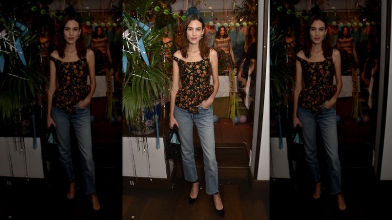 Alexa chung jeans, black flats, floral top