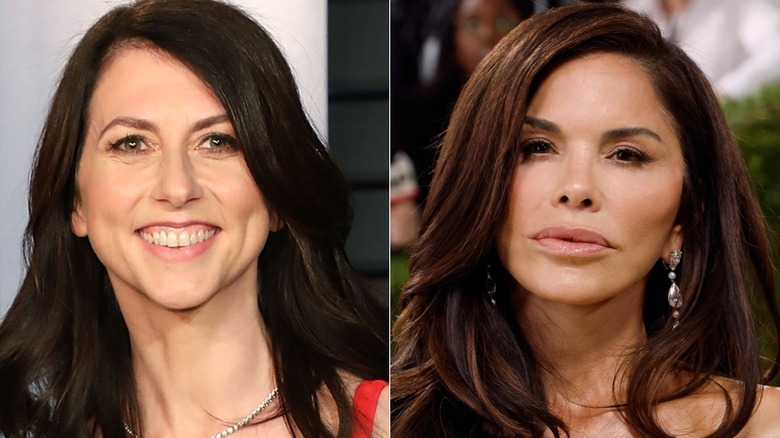 A split image of MacKenzie Scott and Lauren Sánchez Bezos posing at events