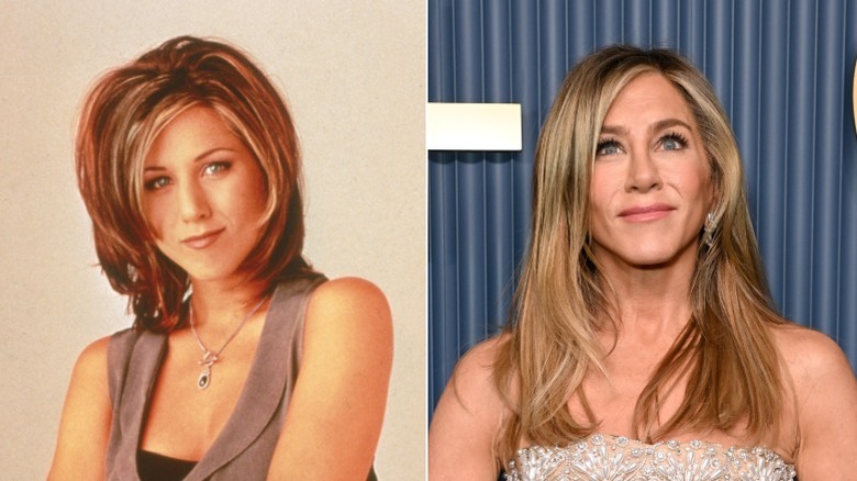 Side-by-side images of Jennifer Aniston in 1995 and Jennifer Anniston in 2024