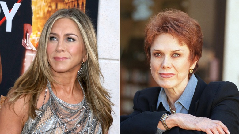 Split photo of Jennifer Aniston at a movie premiere and her mother Nancy Dow posing for a portrait