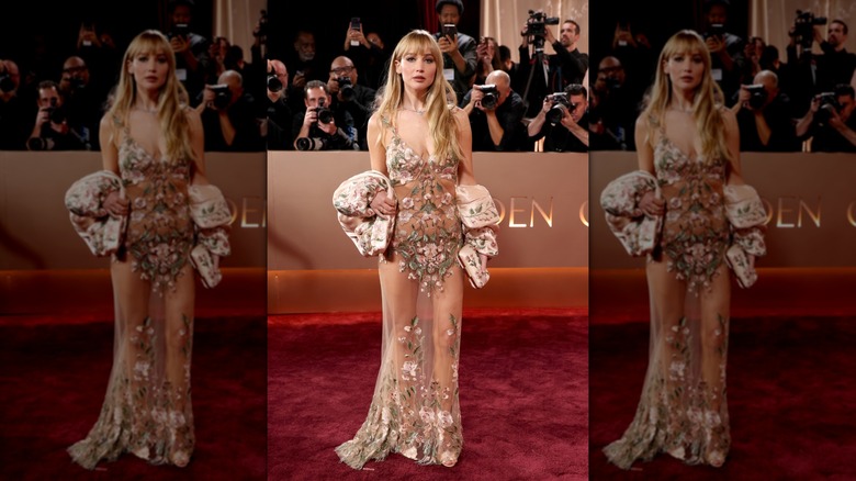 Jennifer Lawrence posing in a sheer dress with floral embroidery