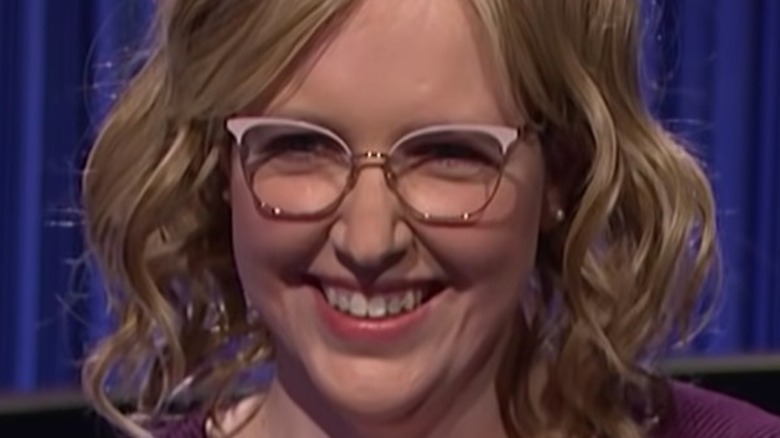 Christine Whelchel smiling after winning a tie-breaker on Jeopardy!
