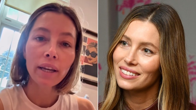 Split image of Jessica Biel with and without makeup