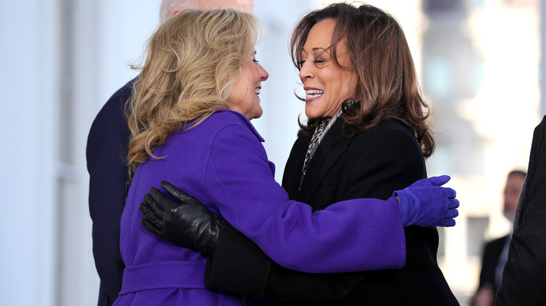 Jill Biden hugging Kamala Harris
