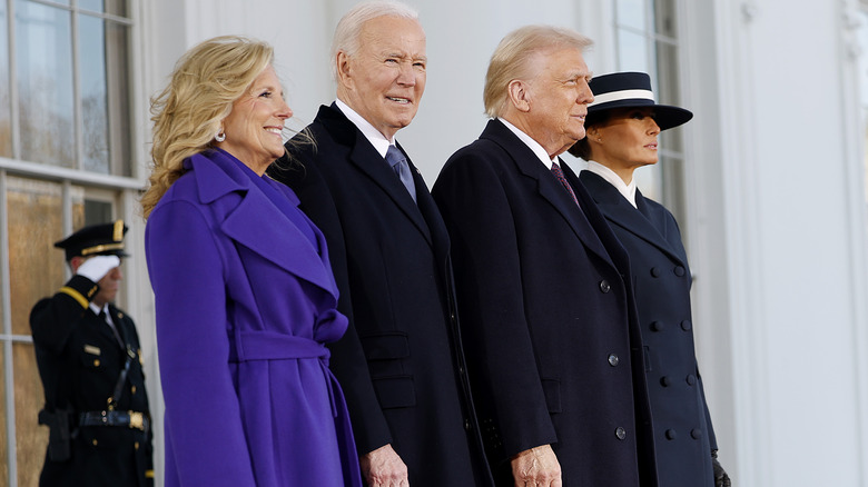 Jill Biden and Joe Biden smiling and standing next to Donald Trump and Melania Trump