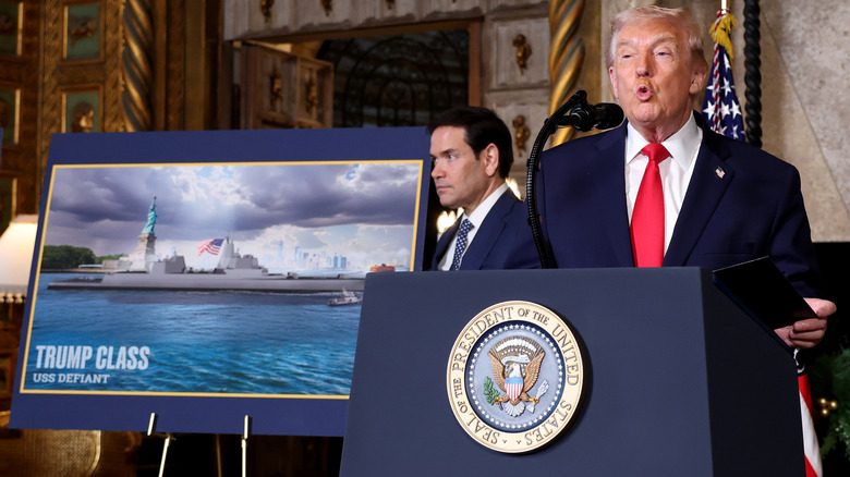 Donald Trump puckering his lips during a speech