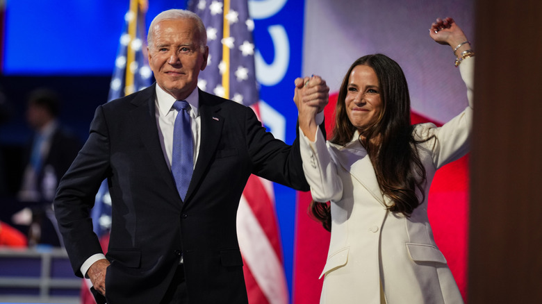 President Joe Biden greets First Daughter Ashley Biden during the first day of the Democratic National Convention at the United Center on August 19, 2024 in Chicago, Illinois