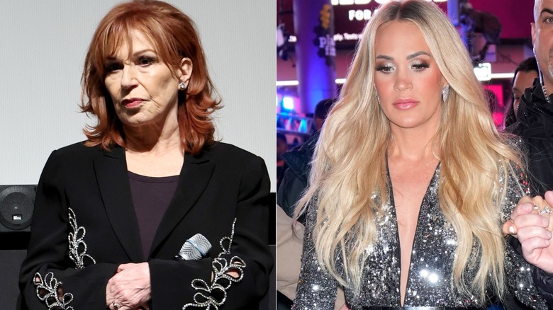 (Left) "The View" cohost Joy Behar crosses her arms, (Right) Carrie Underwood is escorted by security in a silver sparkly top