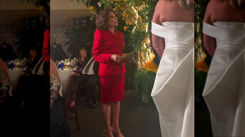 Judge Jeanine Pirro wearing a red blazer and skirt while at a marriage ceremony