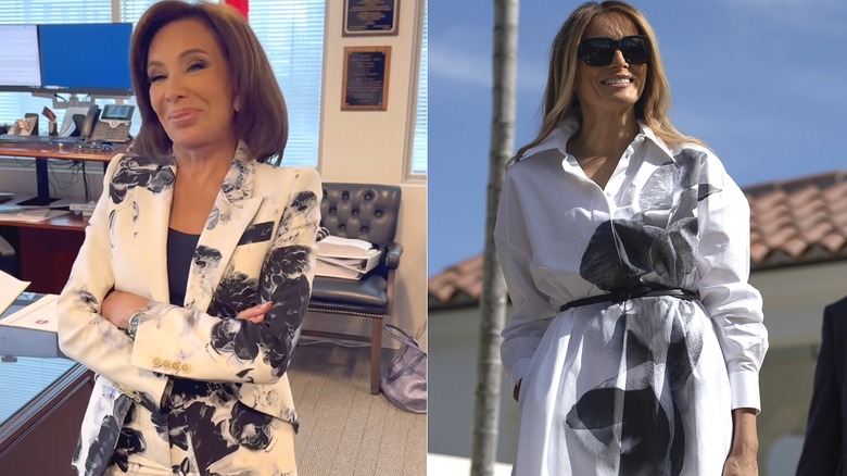 Judge Jeanine Pirro white suit black flowers/Melania Trump white dress black flowers