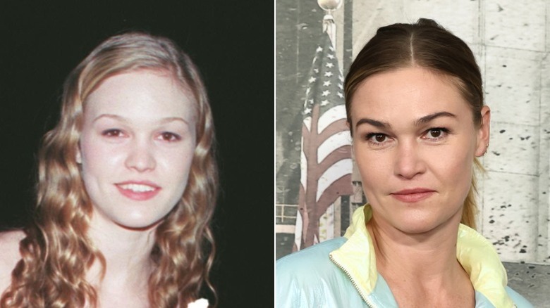 Split image of Julia Stiles smiling with wavy hair (1999) & Julia Stiles posing in a colorful blue and orange dress at Netflix's Taylor vs. Serrano event (2025)