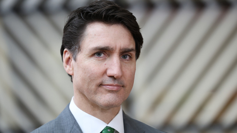 Justin Trudeau wearing gray suit with green tie