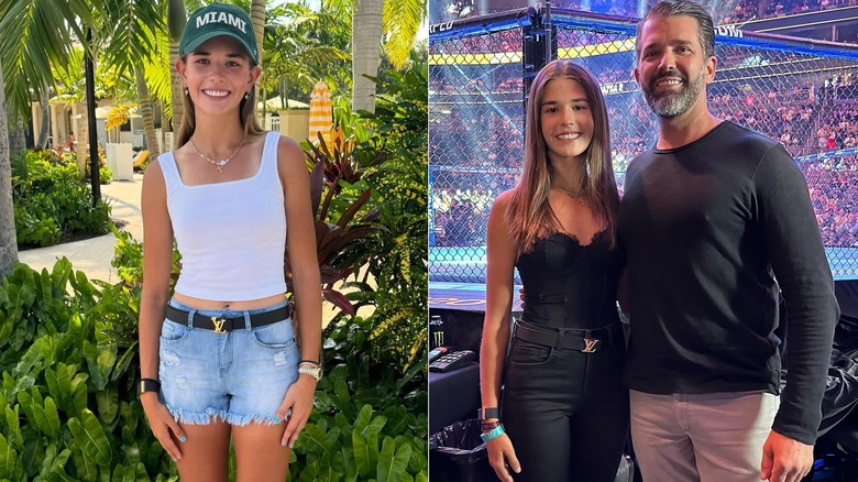 Kai Trump in side by side photos wearing the LV belt, one with denim shorts and white tank, one with black pants and black bustier posing next to dad Donald Trump Jr.