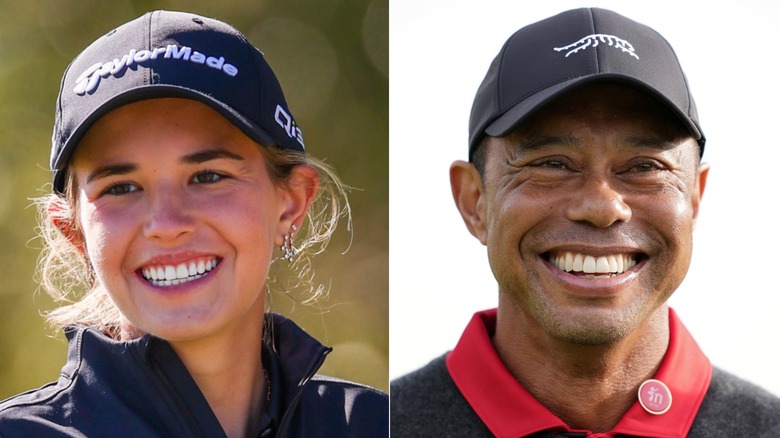 Close up of Kai Trump in a baseball cap besides an image of Tiger Woods in a baseball cap.