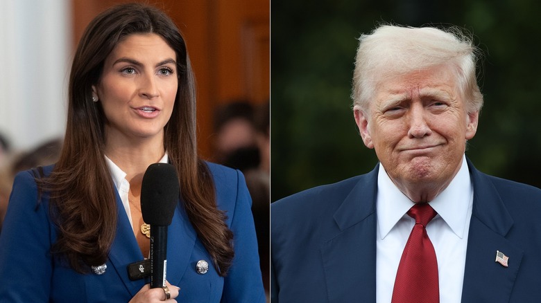 Kaitlan Collins holding mic/Donald Trump smirky smile