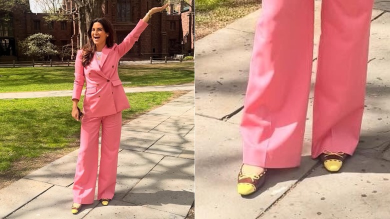 Split screen of Kaitlan Collins smiling with her arm in the air and a closeup of Collins' footwear.