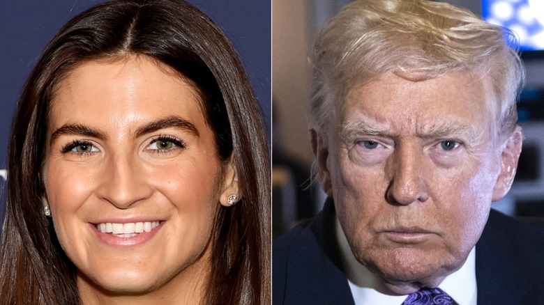 Split image of Kaitlan Collins smiling and Donald Trump looking serious