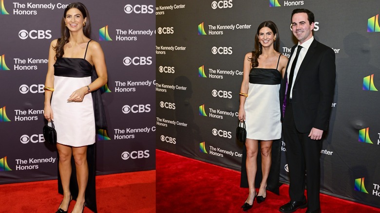 Kaitlan Collins smiling at the Kennedy Performing Arts Center in a black crop top and white skirt.