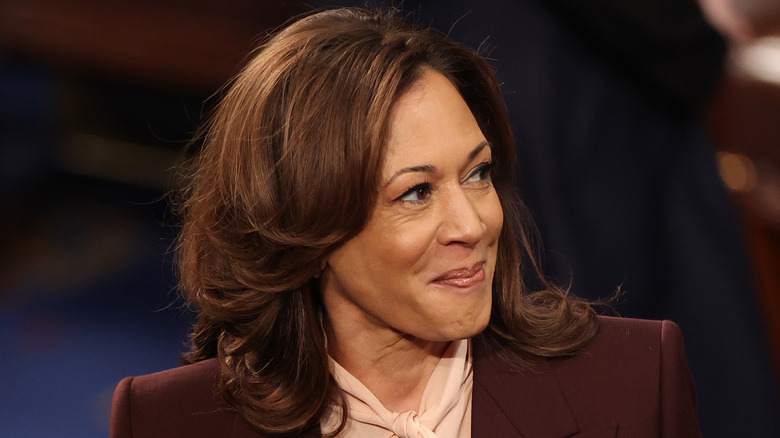 Kamala Harris in a brown suit, staring off to the right with a smile.