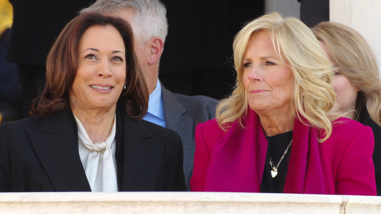 Kamala Harris and Jill Biden sitting awkwardly together