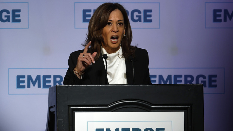 Former U.S. Vice President Kamala Harris delivers the keynote address at a political gala in San Francisco in April 2025