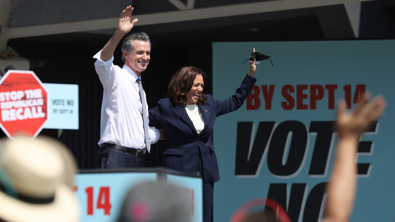 California Gov. Gavin Newsom (L) and U.S. Vice President Kamala Harris (R) greet supporters during a No on the Recall campaign event at IBEW-NECA Joint Apprenticeship Training Center on September 08, 2021 in San Leandro, California.