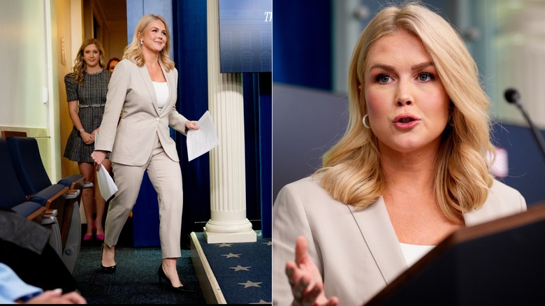 Karoline Leavitt wearing a beige suit