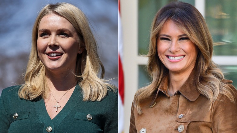 split screen of Karoline Leavitt and Melania Trump smiling