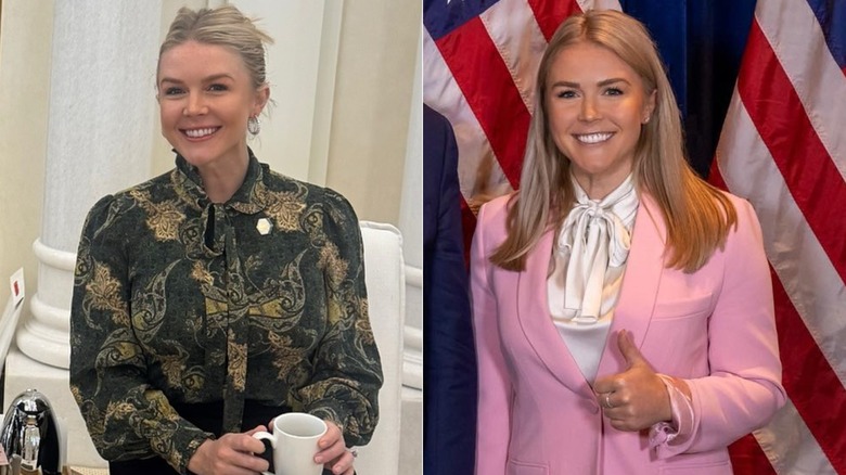 spilt screen of Karoline Leavitt smiling in two different bow-tie blouses