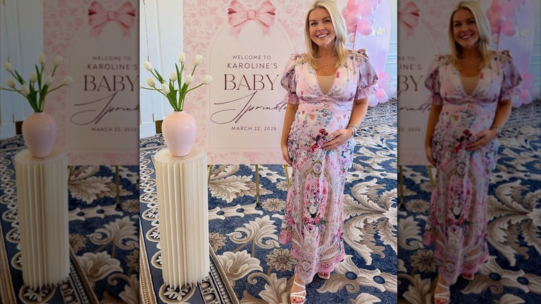 Karoline Leavitt at her baby shower pink floral dress