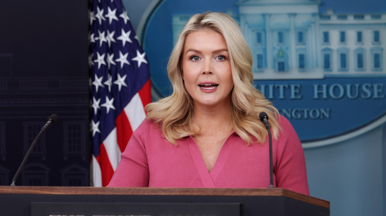 Karoline Leavitt speaking in pink sweater