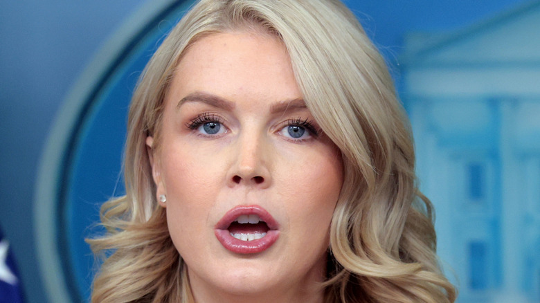 Close up of Karoline Leavitt, mouth open as she talks.