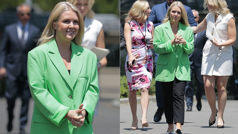 Karoline Leavitt lime green jacket walking