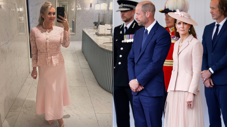 Split image of Karoline Leavitt and Kate Middleton in blush pink sets