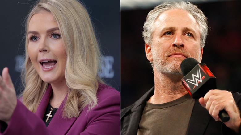 Split image of Karoline Leavitt speaking next to a photo of Jon Stewart holding a WWE microphone