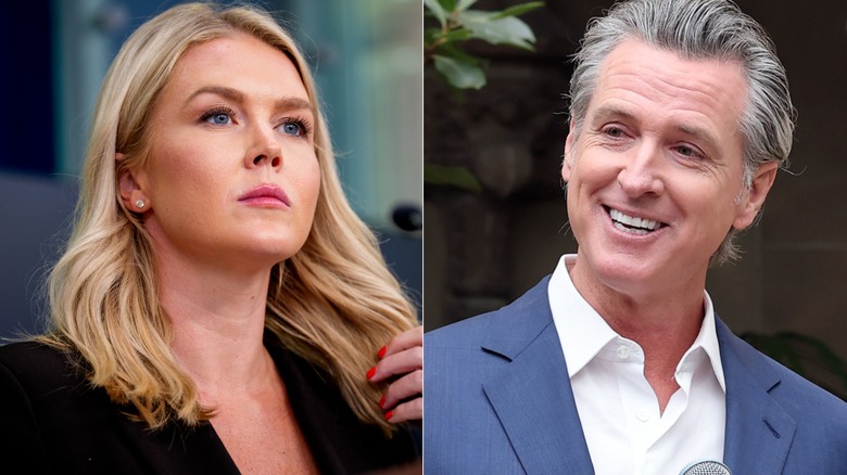 White House Press Secretary Karoline Leavitt frowning and touching her hair (left) and California Governor Gavin Newsom smiling (right).
